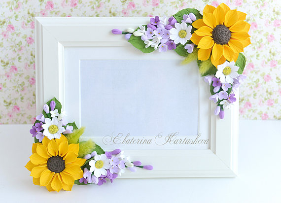 polymer clay flowers picture frame, sunflower wedding gift for couple gift for sister for bride newlywed gift for mother girlfriend gift photo frame lilac