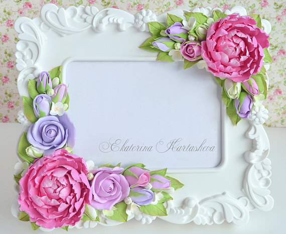 Polymer clay flowers picture frame