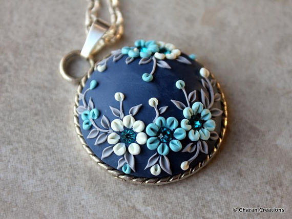 Elegant Polymer Clay Applique Statement Pendant Necklace in Blue