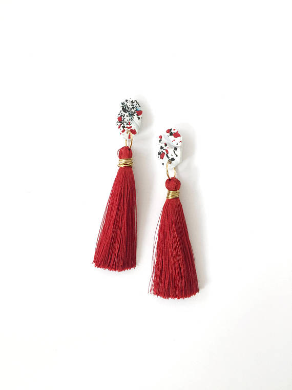 Simple polymer clay tassel earrings, elegant tassel earrings, red statement tassel earrings, long tassel earrings, gold statement earrings, trend tassel earrings