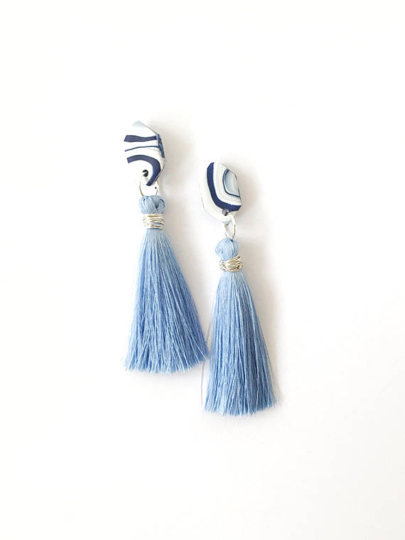 Elegant tassel earrings, trend statement tassel earrings, long tassel earrings, blue tassel earrings, elegant silky tassel earrings