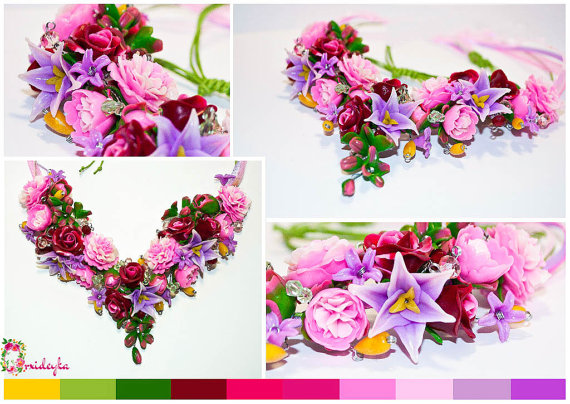 Polymer clay floral necklace ideas with saturated marsala roses and fabulous light pink peonies Polymer clay floral necklace ideas