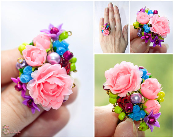 Exclusive handmade ring with blooming flowers and buttons of pink and red peonies.