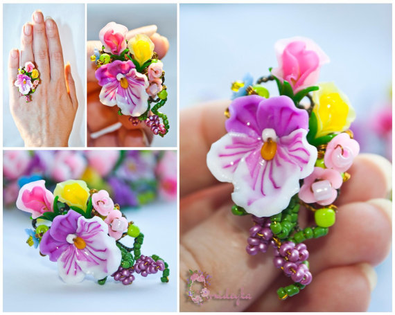 Handmade flower ring with beautiful small pansy, tiny color button flowers and beads.