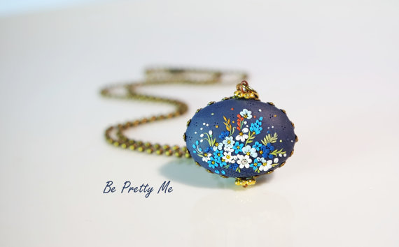 Forget Me Not. Elegant Polymer Clay Necklace Pendant. Special gift for your loved ones