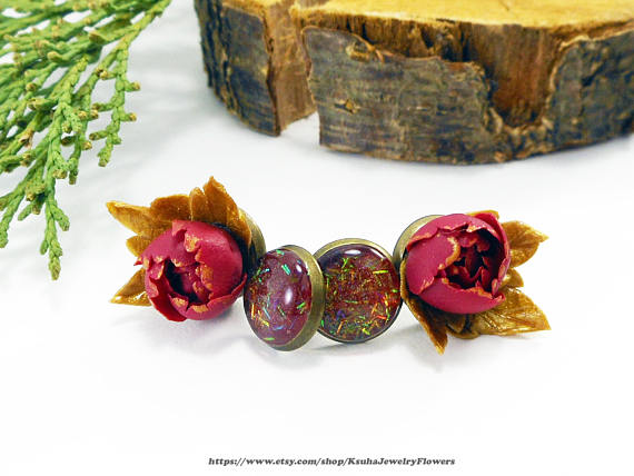 Polymer clay burgundy peonies jewelry