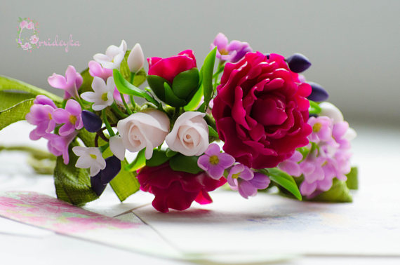 Polymer clay floral bracelets with spring flowers: purple peonies, vanilla roses and lilacs