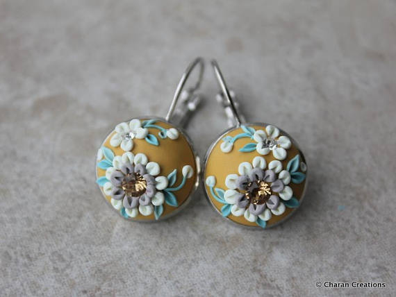 Gorgeous Polymer Clay Applique Statement Earrings in Mustard and White