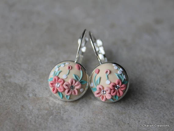 Gorgeous Polymer Clay Applique Statement Earrings in Peach and Beige