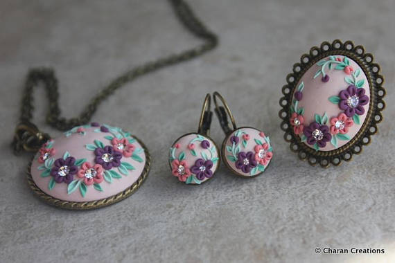 Gorgeous Polymer Clay Applique Statement Pendant Necklace, Earrings and Ring Set in Purple and Peach