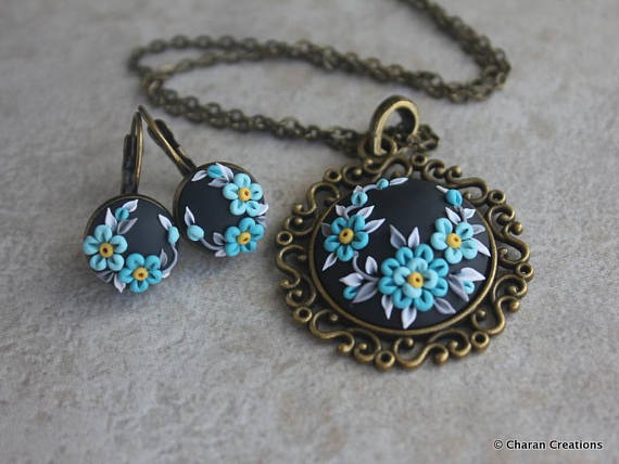 Gorgeous Polymer Clay Applique Statement Pendant Necklace and Earrings Set in Black and Turquoise