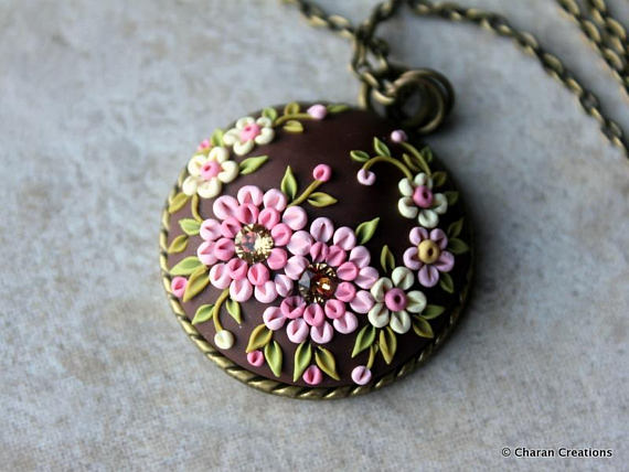 Gorgeous Polymer Clay Applique Statement Pendant Necklace in Chocolate and Pink