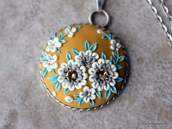 Gorgeous Polymer Clay Applique Statement Pendant Necklace in Mustard, Creme and Mint