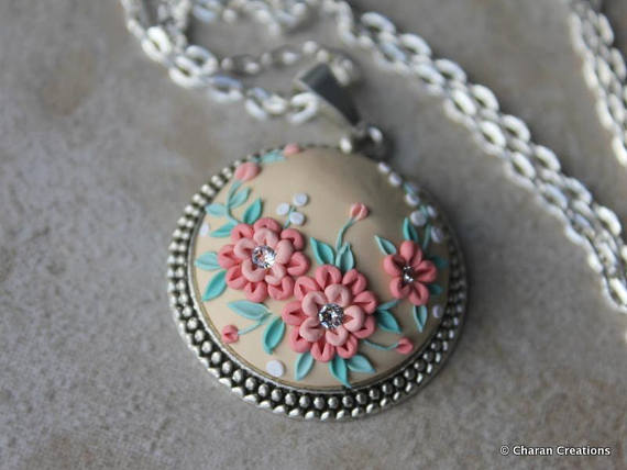 Gorgeous Polymer Clay Applique Statement Pendant Necklace in Peach, Mint and Beige