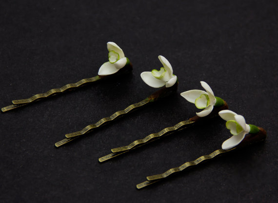 Hair Pins (SET 4), snowdrop hair pins, hair accessories, hairpins for children, bobby pins, snowdrop hair flower, polymer clay snowdrop hair accessories