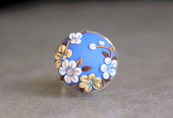 Hand sculpted Polymer Clay Applique Statement Ring in Periwinkle and White