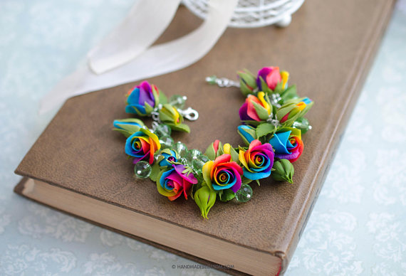 Polymer clay rainbow rose jewelry