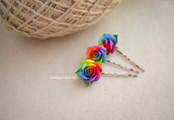 Polymer clay rainbow rose jewelry, Handmade rainbow roses bobby pin, polymer clay rainbow rose, rainbow hair accessories, tie die wedding accessories, handmade fimo roses