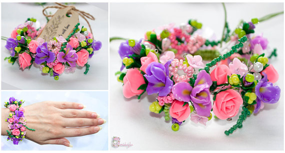 Exclusive handmade bracelet with bright pink roses, fabulous lilac irises, light pink lilacs and green cloudberries