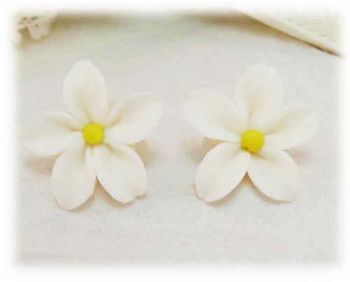 polymer clay flower, Jasmine Earrings Stud or Clip On - Jasmine Jewelry Collection