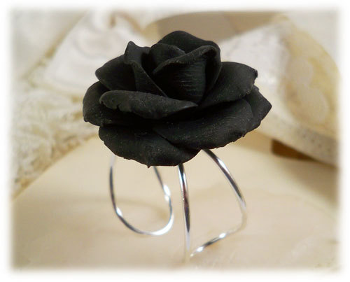polymer clay rose ring Large Black Rose Ring - Black Rose Jewelry Collection, Black Flower Ring