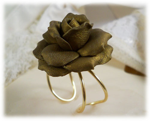 polymer clay rose ring Large Bronze Rose Ring - Bronze Rose Jewelry Collection, Bronze Flower Ring