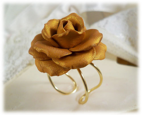 polymer clay rose ring Large Gold Rose Ring - Gold Rose Jewelry, Gold Flower Ring