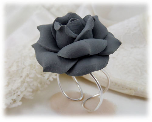 polymer clay rose ring Large Gray Rose Ring - Gray Rose Jewelry Collection, Gray Flower Ring