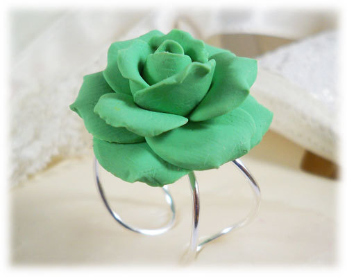 polymer clay rose ring Large Green Rose Ring - Green Rose Jewelry Collection, Green Flower Ring