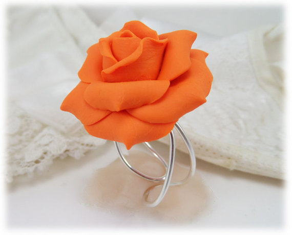 polymer clay rose ring Large Orange Rose Ring - Orange Rose Jewelry Collection, Orange Flower Ring