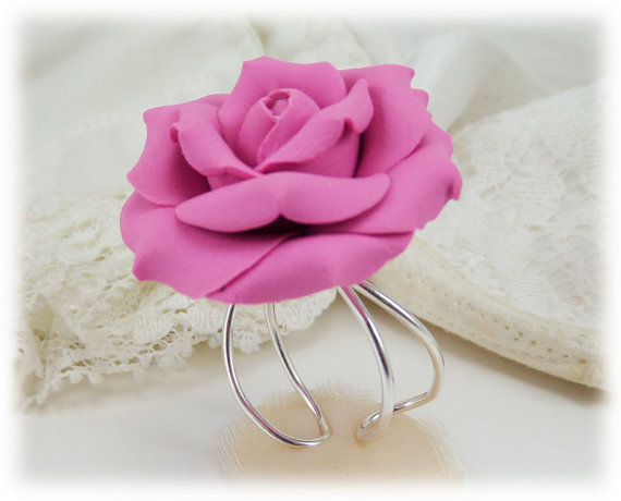 polymer clay rose ring Large Pink Rose Ring - Pink Rose Jewelry Collection, Pink Flower Ring
