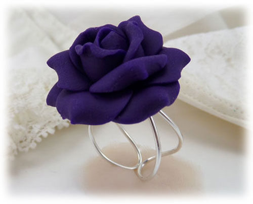 polymer clay rose ring Large Purple Rose Ring - Purple Rose Jewelry Collection, Purple Flower Ring