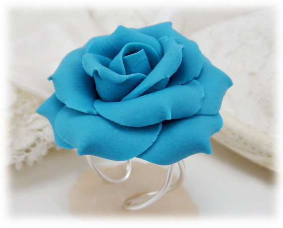 polymer clay rose ring Large Turquoise Rose Ring - Turquoise Rose Jewelry