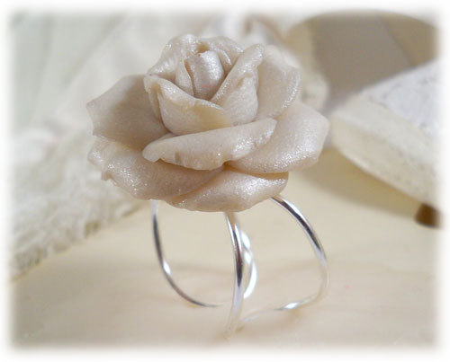 polymer clay rose ring Large White Rose Ring - White Rose Jewelry Collection, White Flower Ring