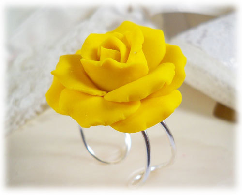 polymer clay rose ring Large Yellow Rose Ring - Yellow Rose Jewelry Collection, Yellow Flower Ring