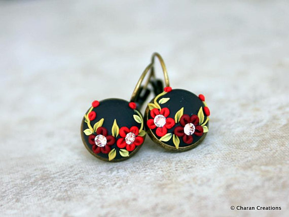 Lovely Polymer Clay Applique Statement Earrings in Black and Red