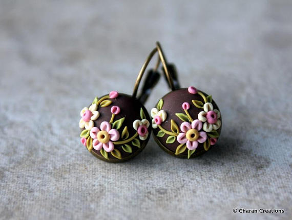 Lovely Polymer Clay Applique Statement Earrings in Chocolate and Pink