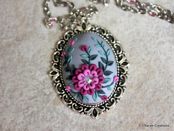 Lovely Polymer Clay Applique Statement Pendant Necklace in Purple and Gray