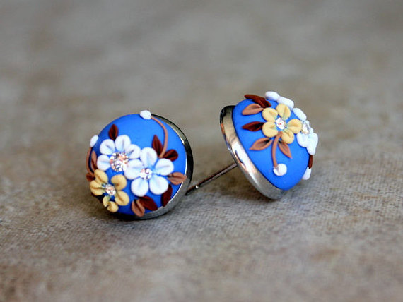 Lovely Polymer Clay Applique Statement Stud Earrings in Blue and White