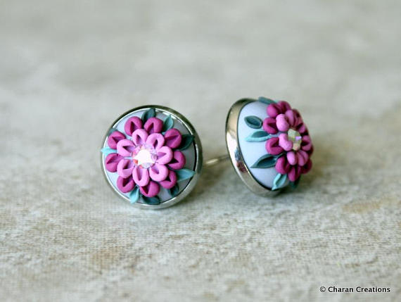 Lovely Polymer Clay Applique Statement Stud Earrings in Grey and Purple