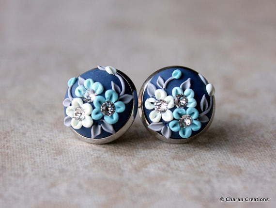 Lovely Polymer Clay Applique Statement Stud Earrings in shades of Blue