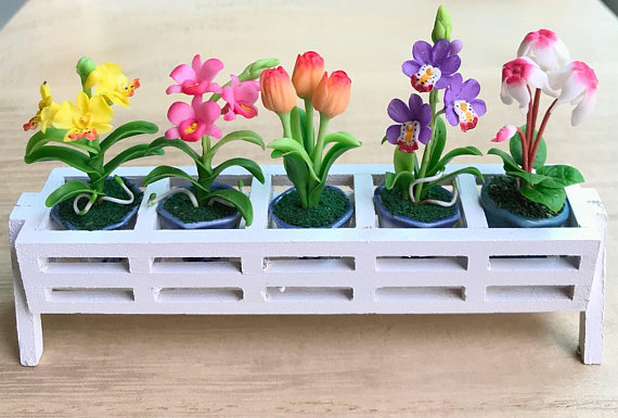 Polymer clay miniature flowers in pots