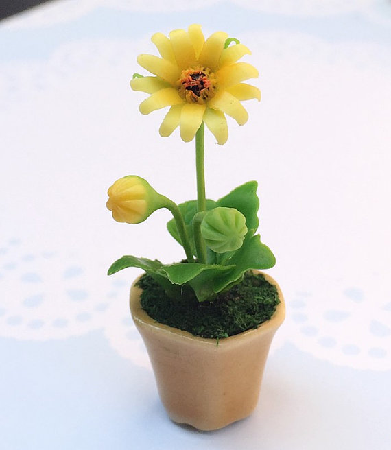 Miniature Flower,Miniature Flower Pot,Miniature Gerbera,Dollhouse Flower,Miniature Garden,Dollhouse Yellow Gerbera