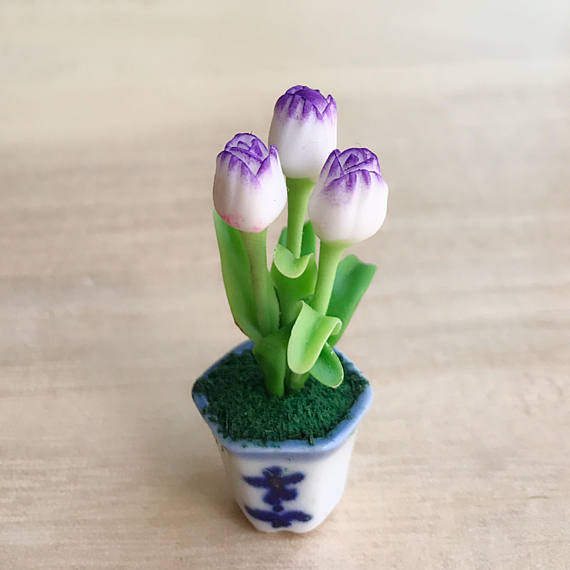 Miniature Flower,Miniature Flower Pot,Miniature Purple Tulip,Dollhouse Flower,Miniature Garden,Dollhouse Tulip,Tulip Flower,Clay,DIY