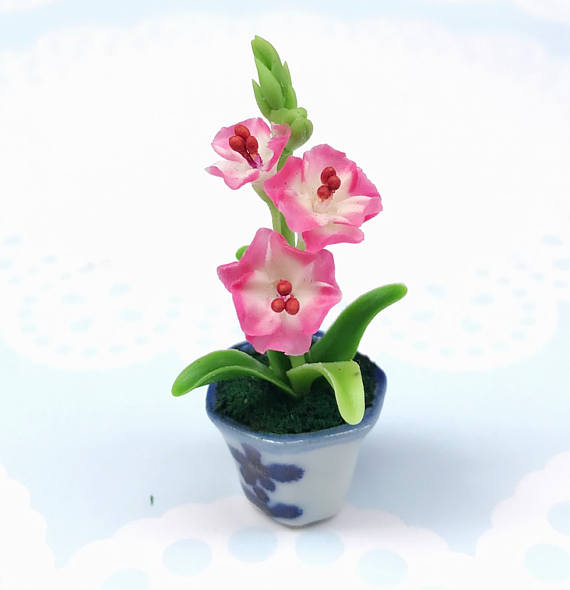 Polymer clay miniature flowers in pots