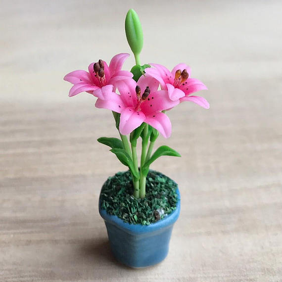 Polymer clay miniature flowers in pots