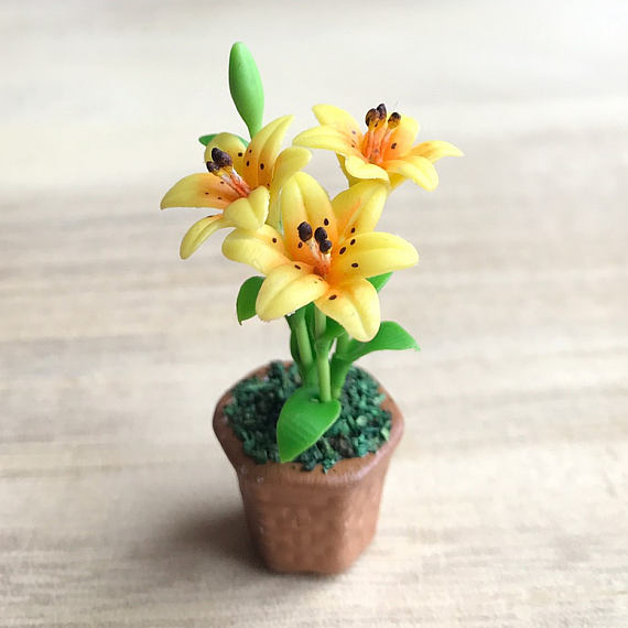 Polymer clay miniature flowers in pots