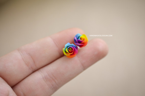 Miniature rainbow roses studs, Handmade earrings studs, Polymer clay rainbow roses, Sterling silver studs, Fimo, Rainbow earrings, Ready