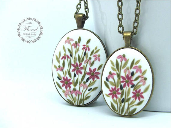 Mother daughter polymer clay necklace pendant set