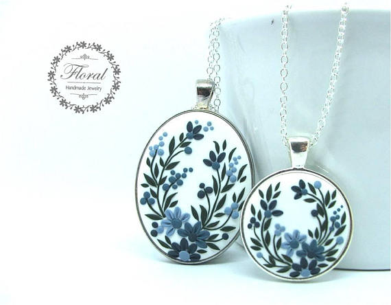 Mother daughter polymer clay necklace pendant set